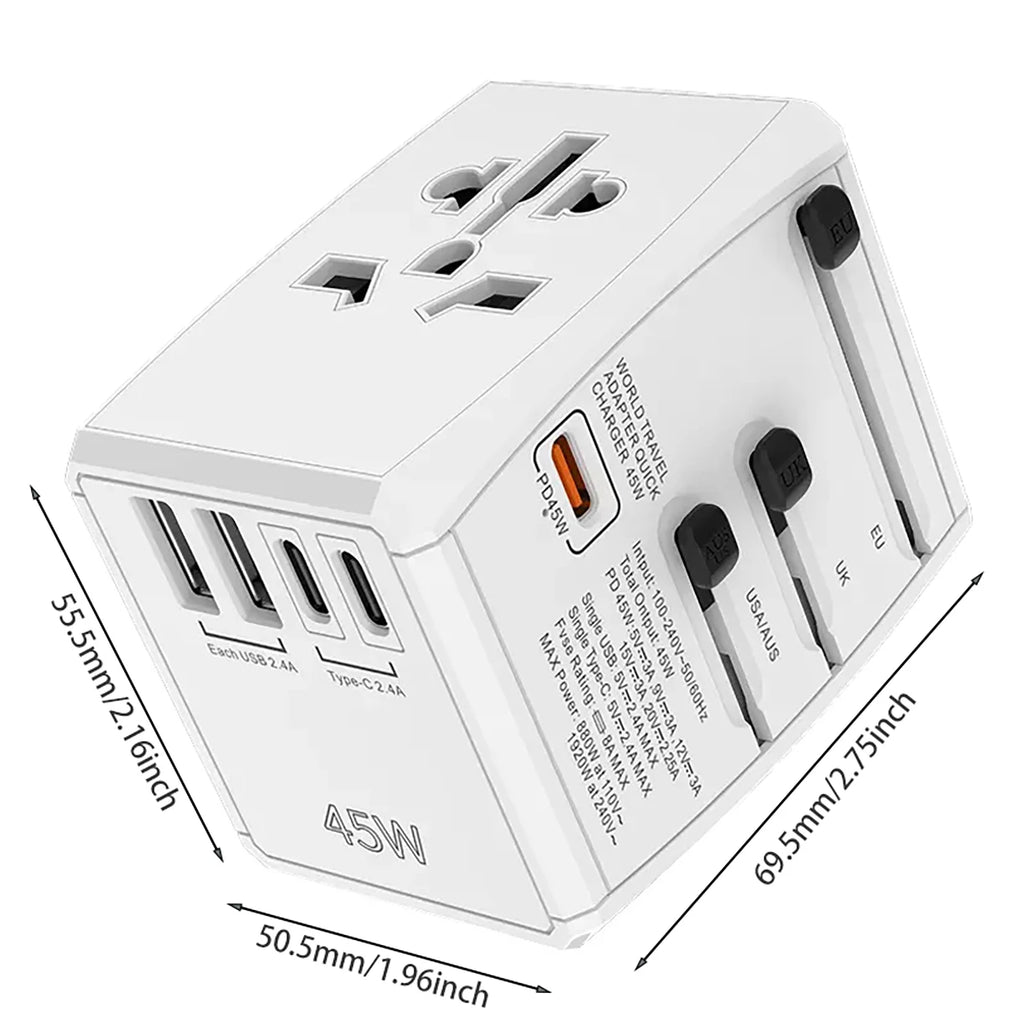 Universal Travel Adapter, 45W GaN Travel Plug Adapter with UK,EU,AU,US Plugs, 3USB-C PD & 2USB-A QC Converter for Laptop Tablet