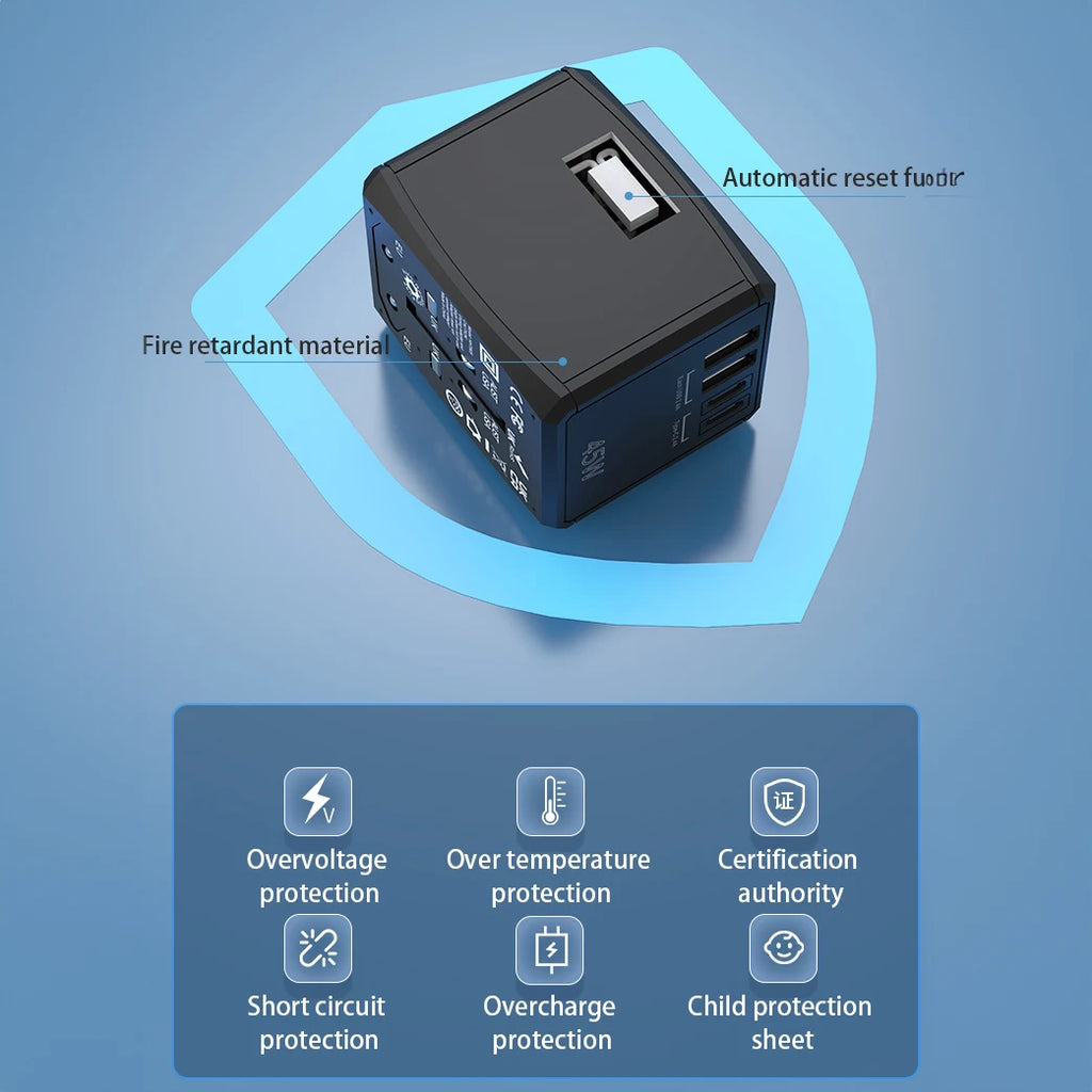 Universal Travel Adapter, 45W GaN Travel Plug Adapter with UK,EU,AU,US Plugs, 3USB-C PD & 2USB-A QC Converter for Laptop Tablet