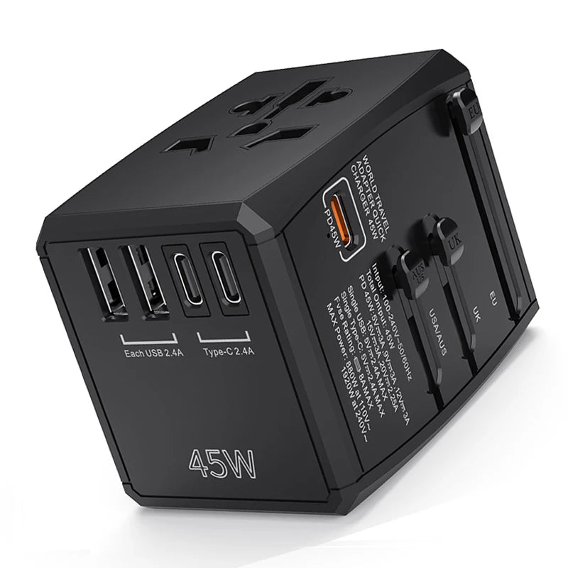 Universal Travel Adapter, 45W GaN Travel Plug Adapter with UK,EU,AU,US Plugs, 3USB-C PD & 2USB-A QC Converter for Laptop Tablet