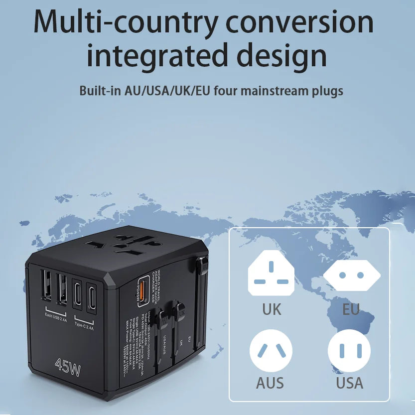 Universal Travel Adapter, 45W GaN Travel Plug Adapter with UK,EU,AU,US Plugs, 3USB-C PD & 2USB-A QC Converter for Laptop Tablet