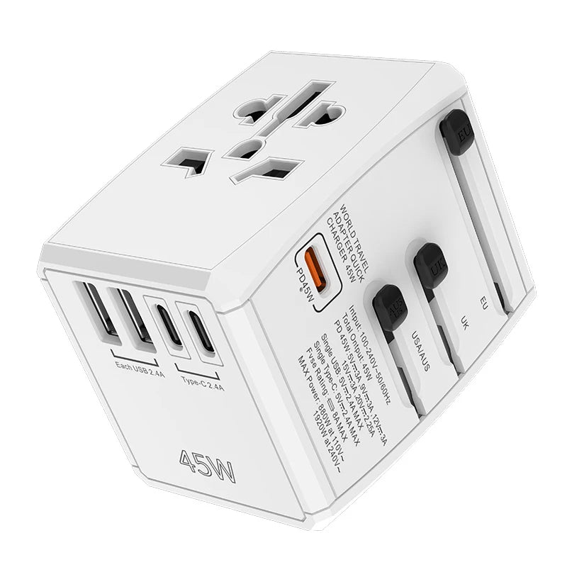 Universal Travel Adapter, 45W GaN Travel Plug Adapter with UK,EU,AU,US Plugs, 3USB-C PD & 2USB-A QC Converter for Laptop Tablet