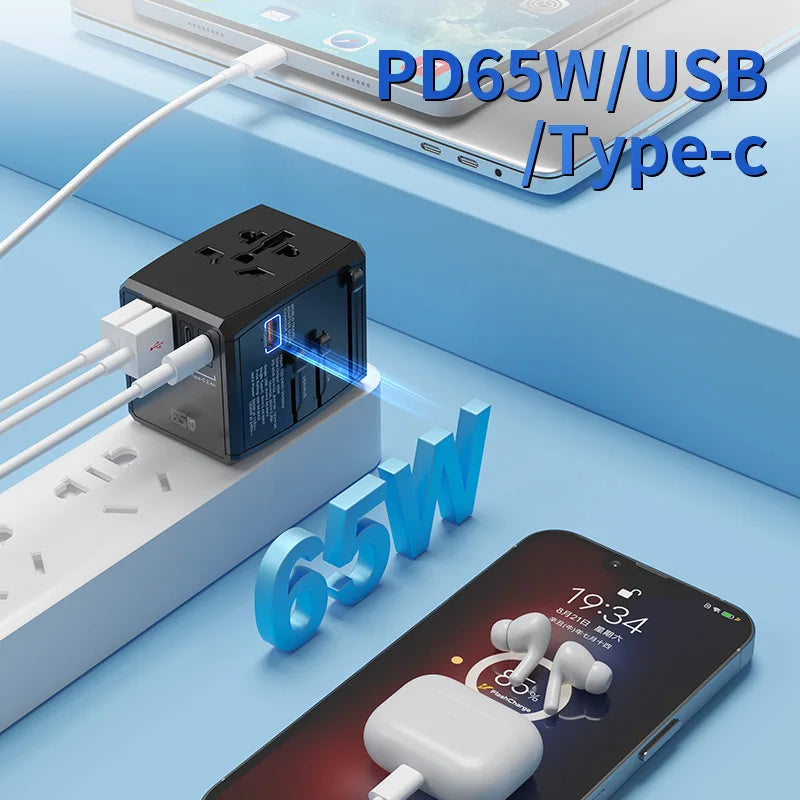 Universal Travel Adapter, 45W GaN Travel Plug Adapter with UK,EU,AU,US Plugs, 3USB-C PD & 2USB-A QC Converter for Laptop Tablet